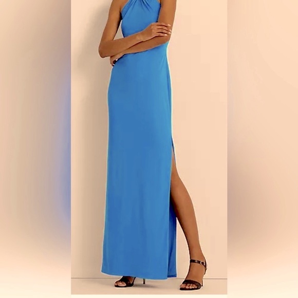 Ralph Lauren Evening Dress Exquisite Blue Halter Chain Neckline True to Size 12 - Picture 2 of 14
